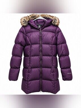 Eddie Bauer Women's S Long Down Puffer Parka Purple Faux Fur Hood Winter Parka